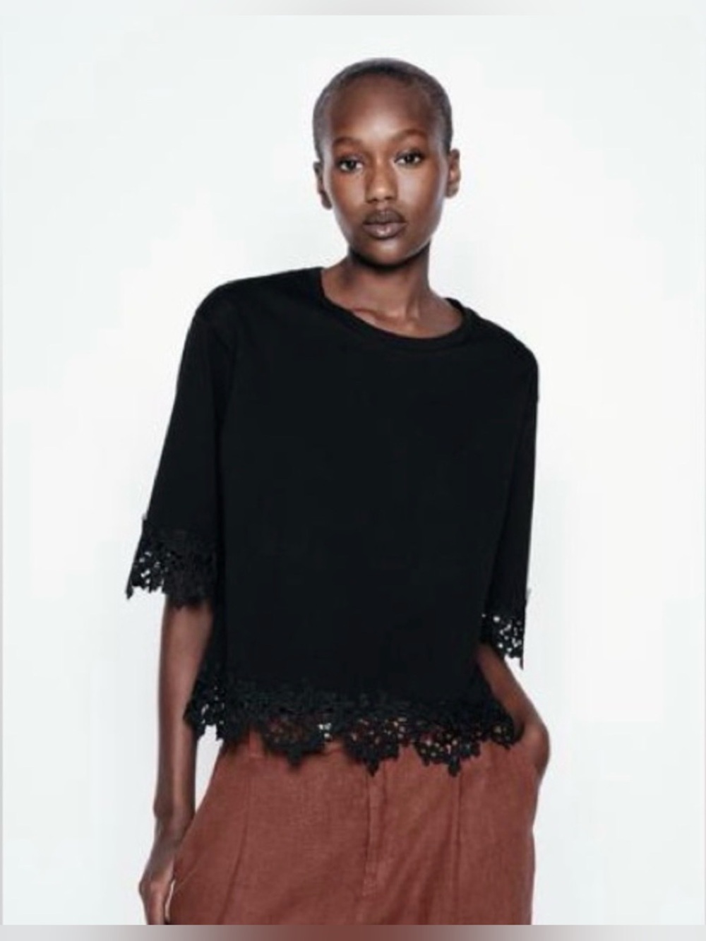 Zara Black Lace Trim Blouse Sz XL Cotton Short Sleeve Boxy Witchy NWT Minimalist - Picture 2 of 16